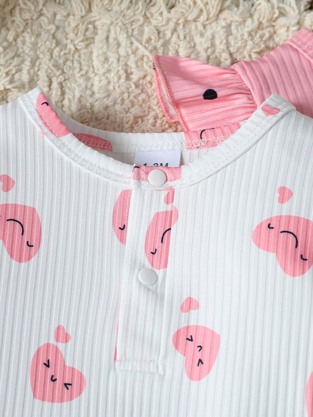 2Pcs Baby Girl Romper Jumpsuit  Autumn Ribbed Ruffle Long Sleeve Heart Print Bodysuit Newborn Infant Girls Cute Daily Clothes