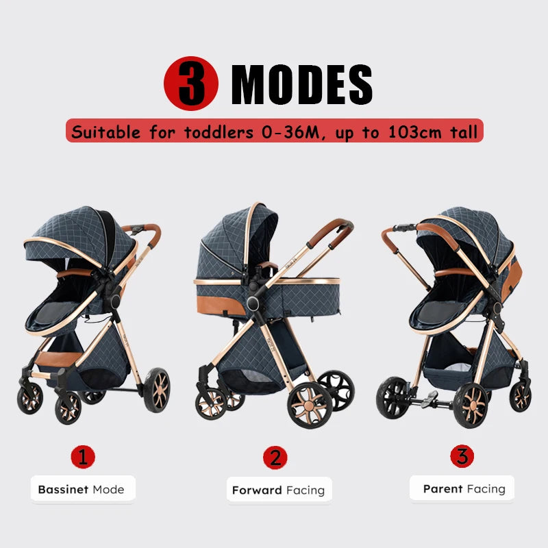 3 in 1 Baby Stroller Foldable Lightweight Pushchair High Landscape Reclining Seat Travel for Newborn Toddler Baby Carriage