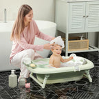 Aiyaplay Foldable Baby Bathtub with Bath Cushion Support with Button Drain Hole and Shower Shelf Hook Green