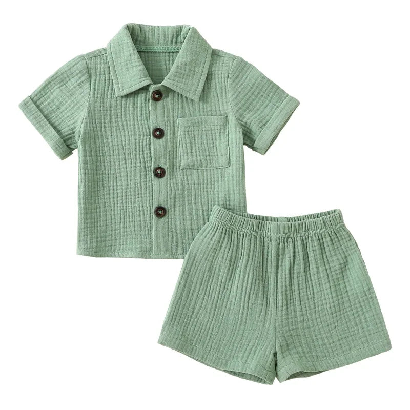 Ensemble Bébé Garçon Été – Chemise Col Revers & Short en Coton Lin