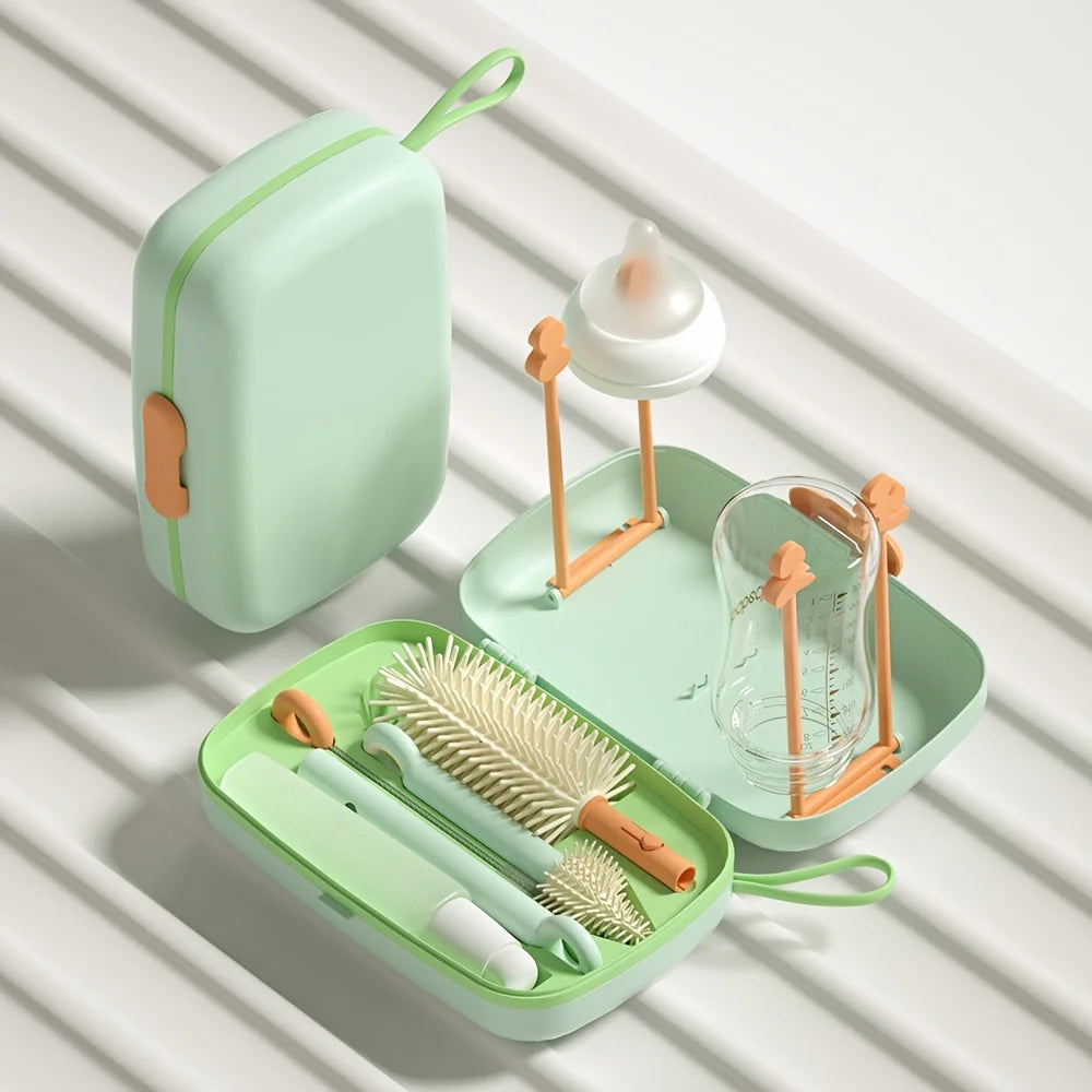 Silicone Bottle Brush Pacifier Brush with Storage Box Draining Rack Straw Brush for Baby Bottles Home Travel Cleaning Kit Safe