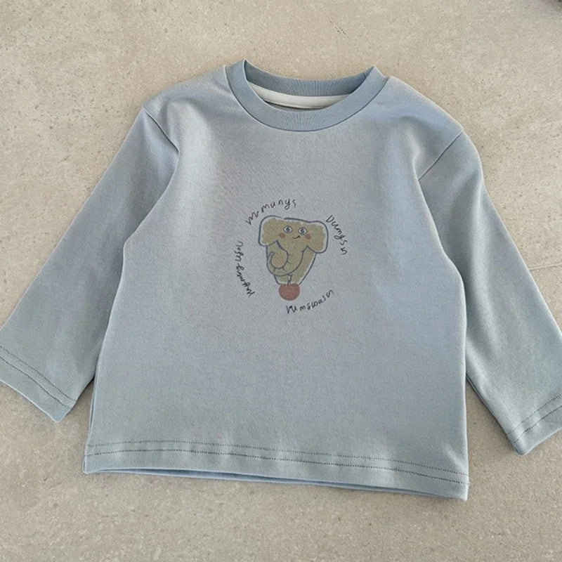 2026 Spring Korean Baby Clothing Cartoon Pattern Blouse for Boys Blue Sweatshirt Long Sleeve for Toddler