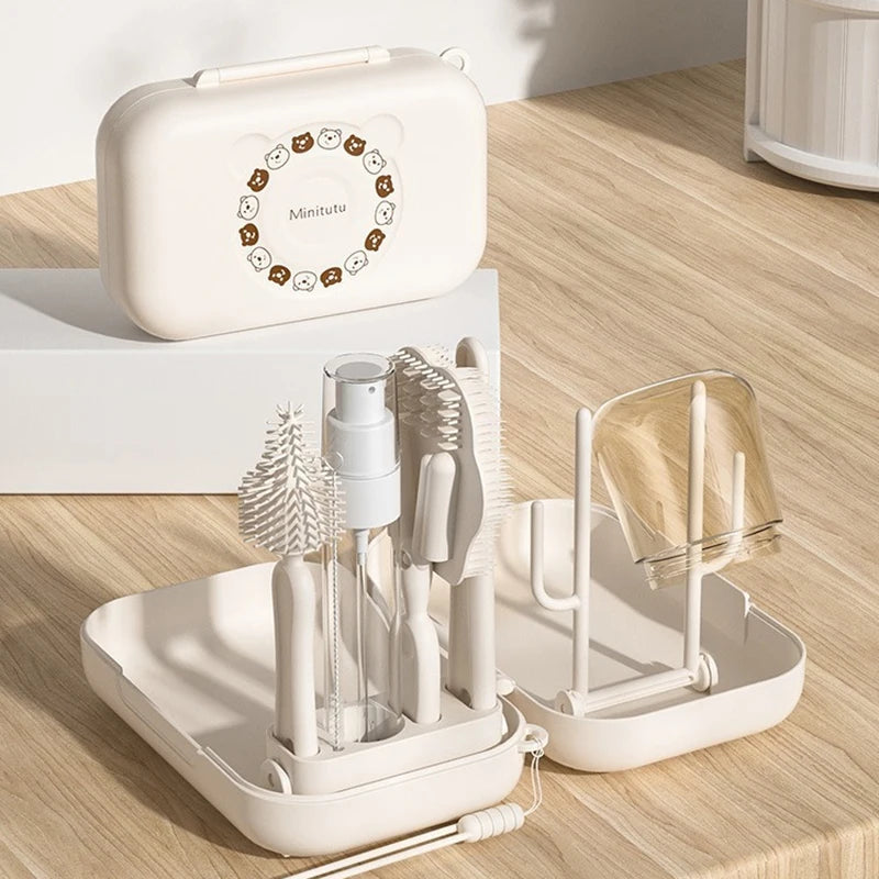 Portable Silicone Baby Bottle Brush Set - Travel-Friendly Cleaning Kit with Storage Box for Infant Milk Bottles