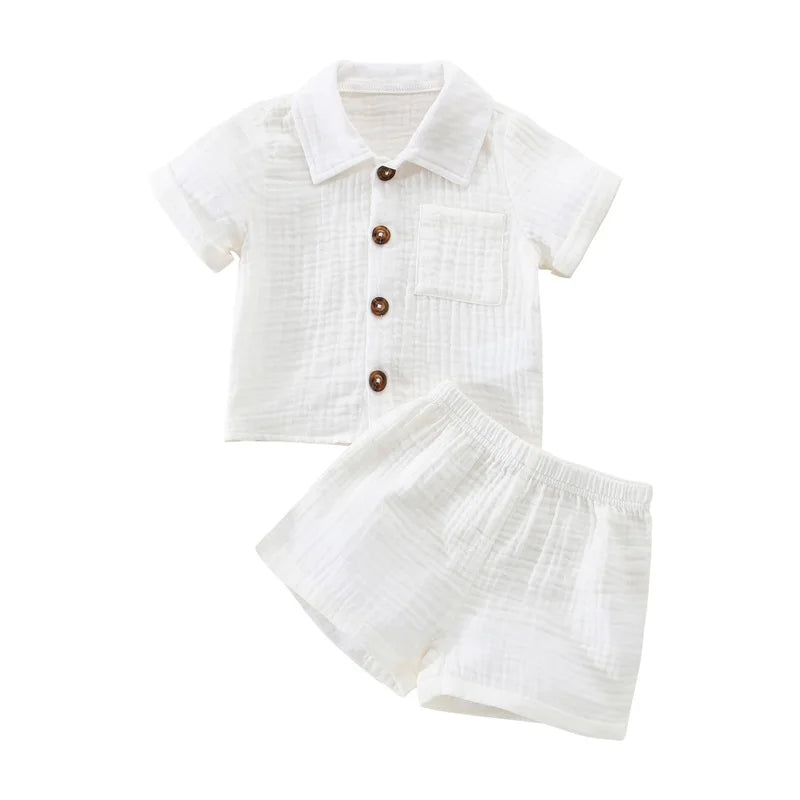 Ensemble Bébé Garçon Été – Chemise Col Revers & Short en Coton Lin