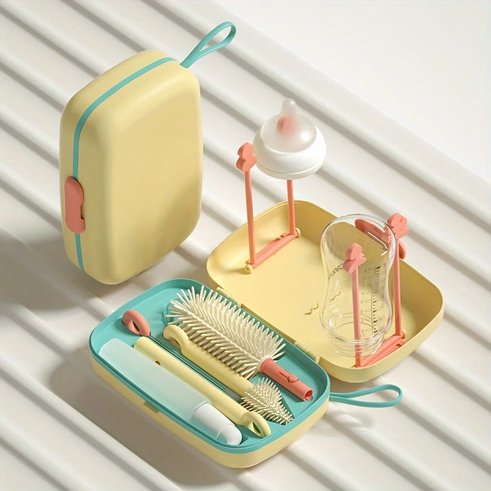 Silicone Bottle Brush Pacifier Brush with Storage Box Draining Rack Straw Brush for Baby Bottles Home Travel Cleaning Kit Safe