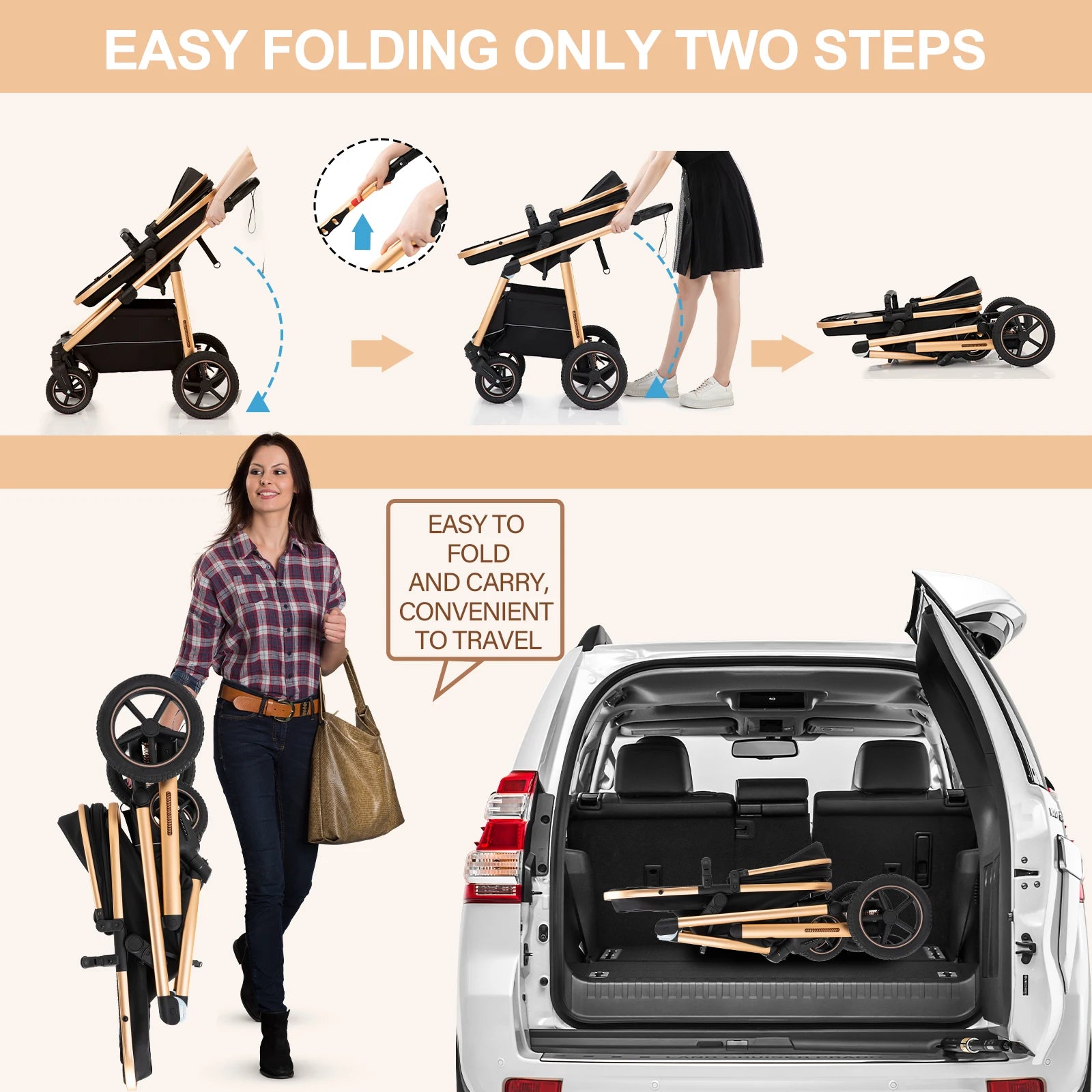 Baby Stroller 3 in 1 Lightweight for Newborn Mother Kids Portable Folding Carriage Luxurious Pushchair Car Seat Travel Pram