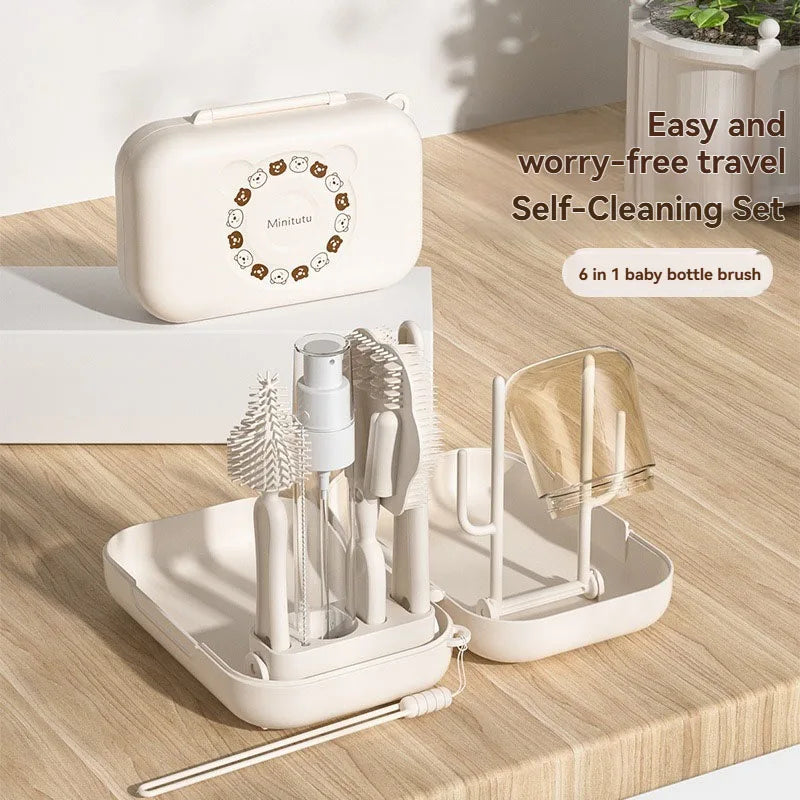 Portable Silicone Baby Bottle Brush Set - Travel-Friendly Cleaning Kit with Storage Box for Infant Milk Bottles