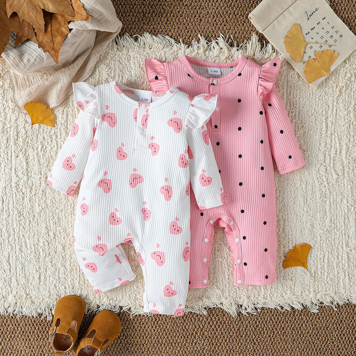 2Pcs Baby Girl Romper Jumpsuit  Autumn Ribbed Ruffle Long Sleeve Heart Print Bodysuit Newborn Infant Girls Cute Daily Clothes