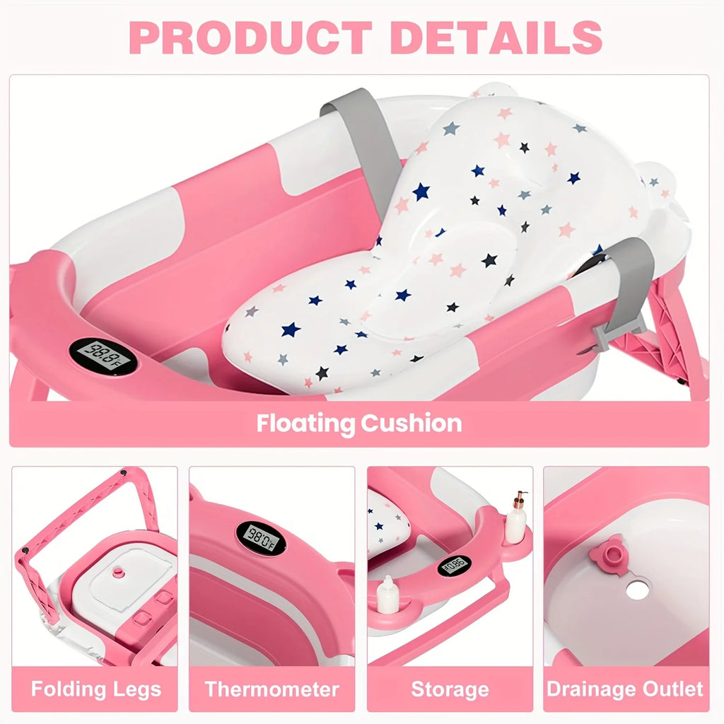 Anti-Slip Foldable Baby Bath Tub – with Thermometer, Bath Cushion, Easy Storage, 0-36 Months, Blue, Pink