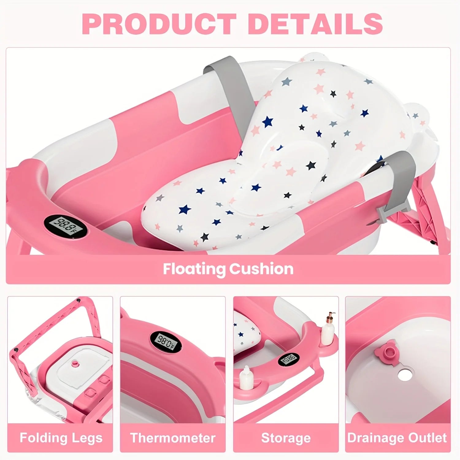 Anti-Slip Foldable Baby Bath Tub – with Thermometer, Bath Cushion, Easy Storage, 0-36 Months, Blue, Pink