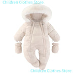 2025 New Winter Baby Rompers Thick Warm Infant Hooded Inside Fleece Jumpsuit Newborn Boy Girl Overalls Toddler Clothing Set