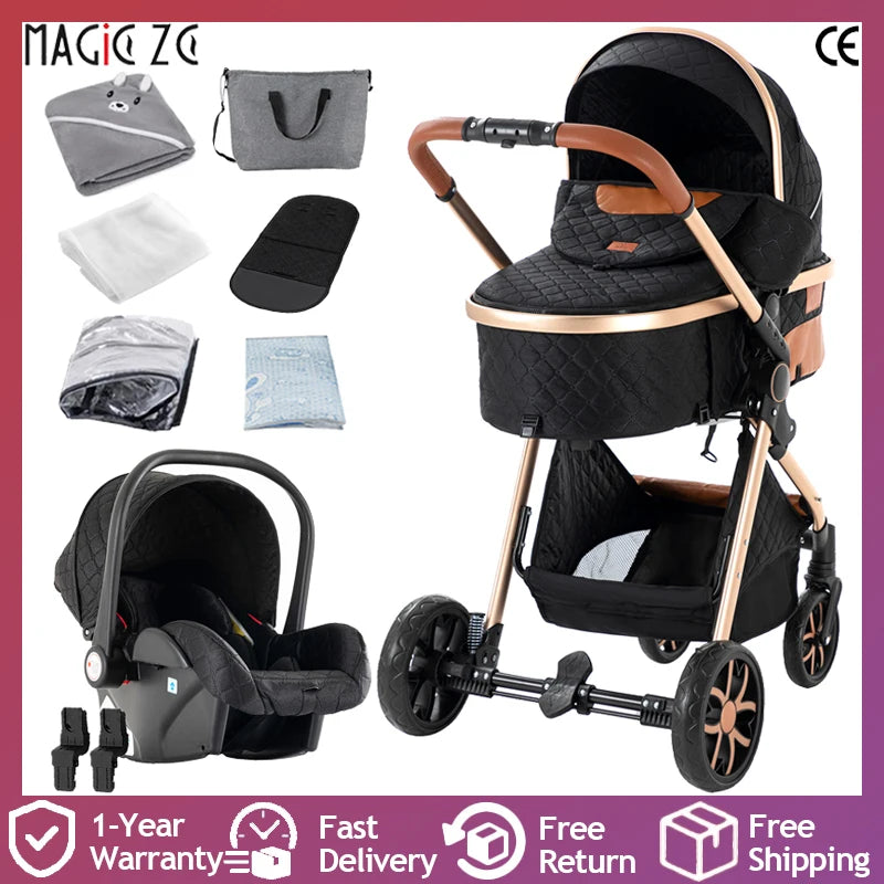 3 in 1 Baby Stroller Foldable Lightweight Pushchair High Landscape Reclining Seat Travel for Newborn Toddler Baby Carriage