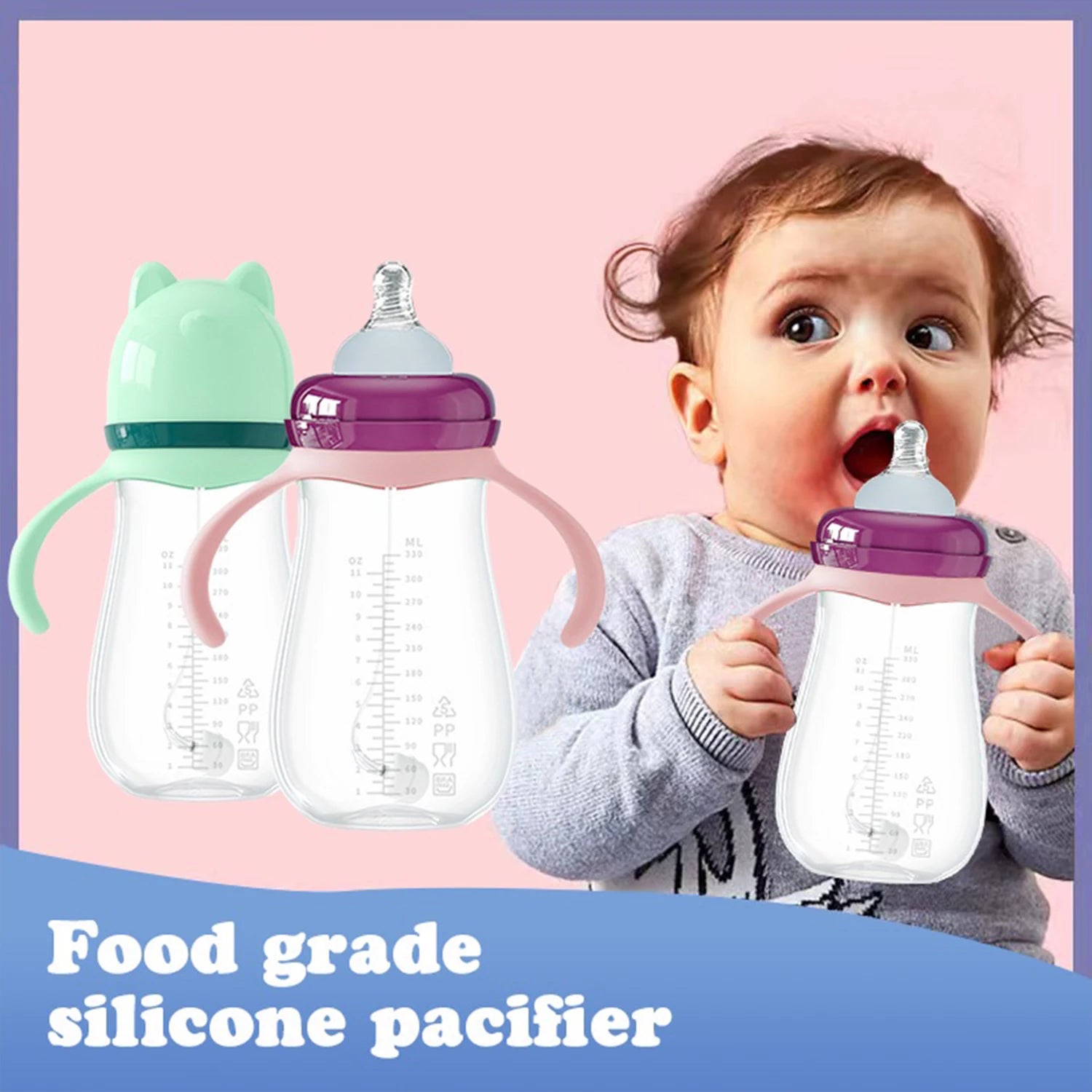 240ml newborn baby PP bottle, baby anti-colic bottle with handle, thickened and drop-proof, inverted without leakage, BPA-free