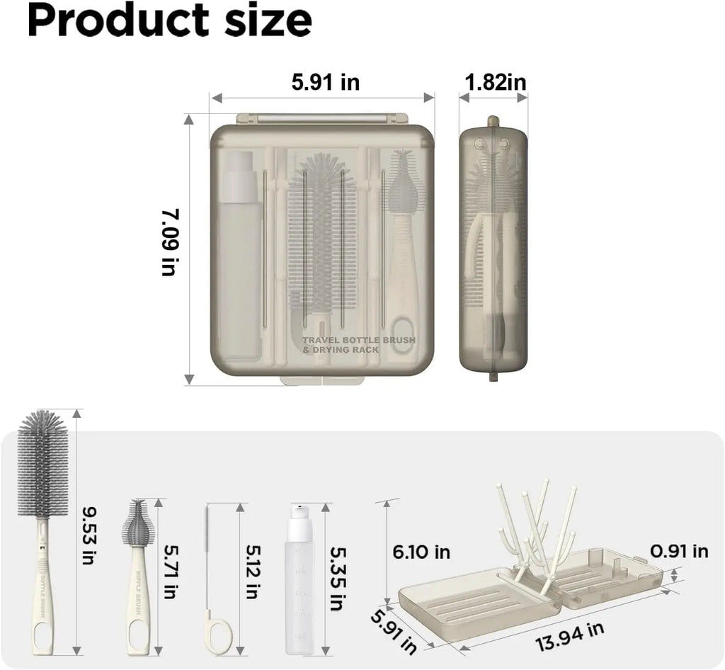 Travel Bottle Brush Set, Auto-Open Rack & Vertical Brushs Drying Slots, 3 Brushes, Foldable Drying Rack, Travel Baby Essentials