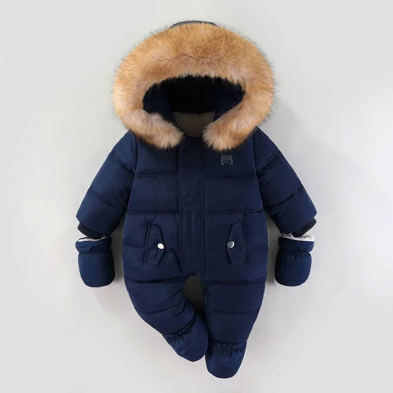 2025 New Winter Baby Rompers Thick Warm Infant Hooded Inside Fleece Jumpsuit Newborn Boy Girl Overalls Toddler Clothing Set