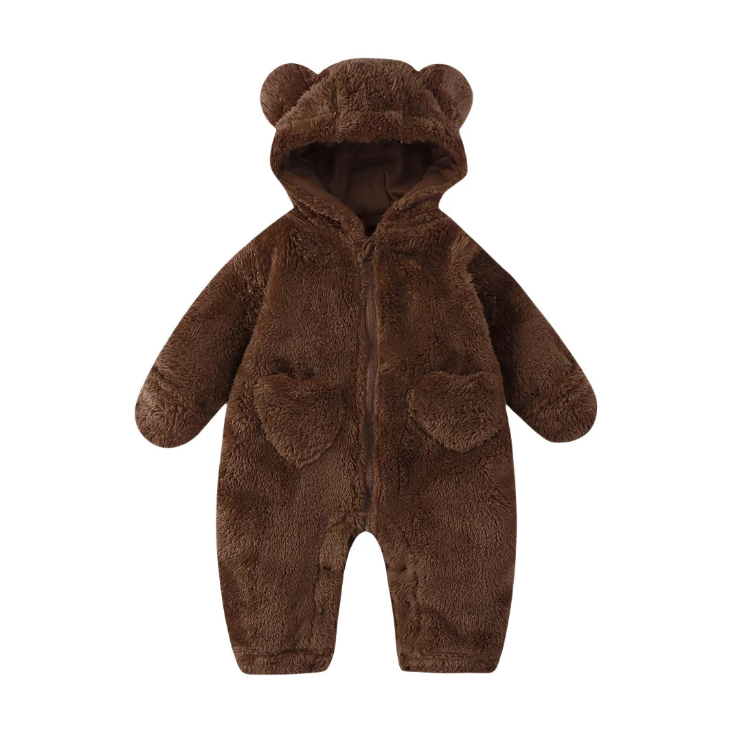 2025 Winter Newborn Baby Cartoon Bear Plush Onesie Hooded Ear Fluffy Romper Unisex 0-12M Thermal Infant Jumpsuit Warm Outfit