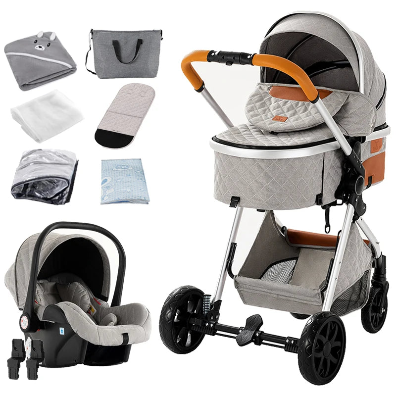 3 in 1 Baby Stroller Foldable Lightweight Pushchair High Landscape Reclining Seat Travel for Newborn Toddler Baby Carriage