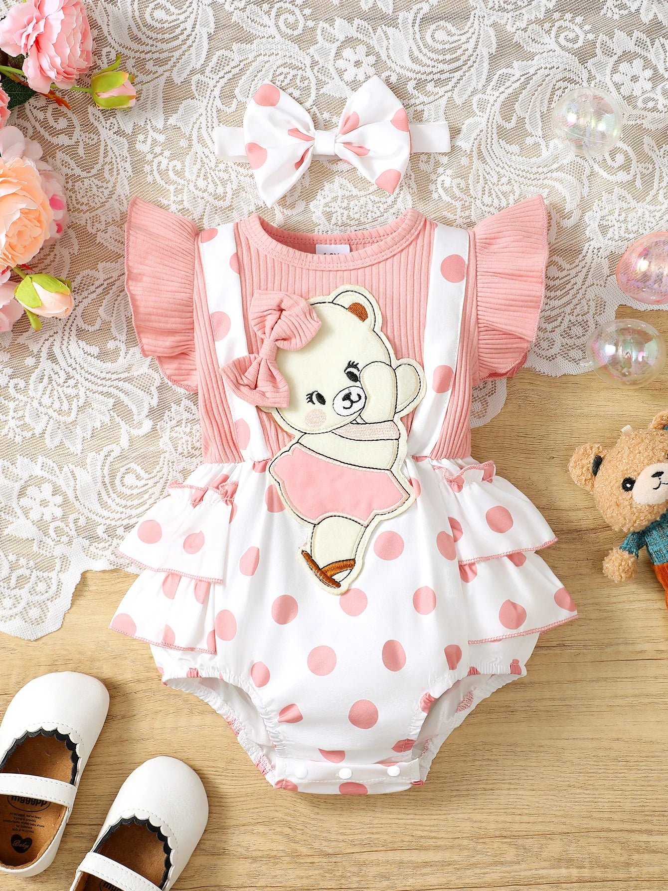 Robe Bébé Fille – Pois & Broderie Ours