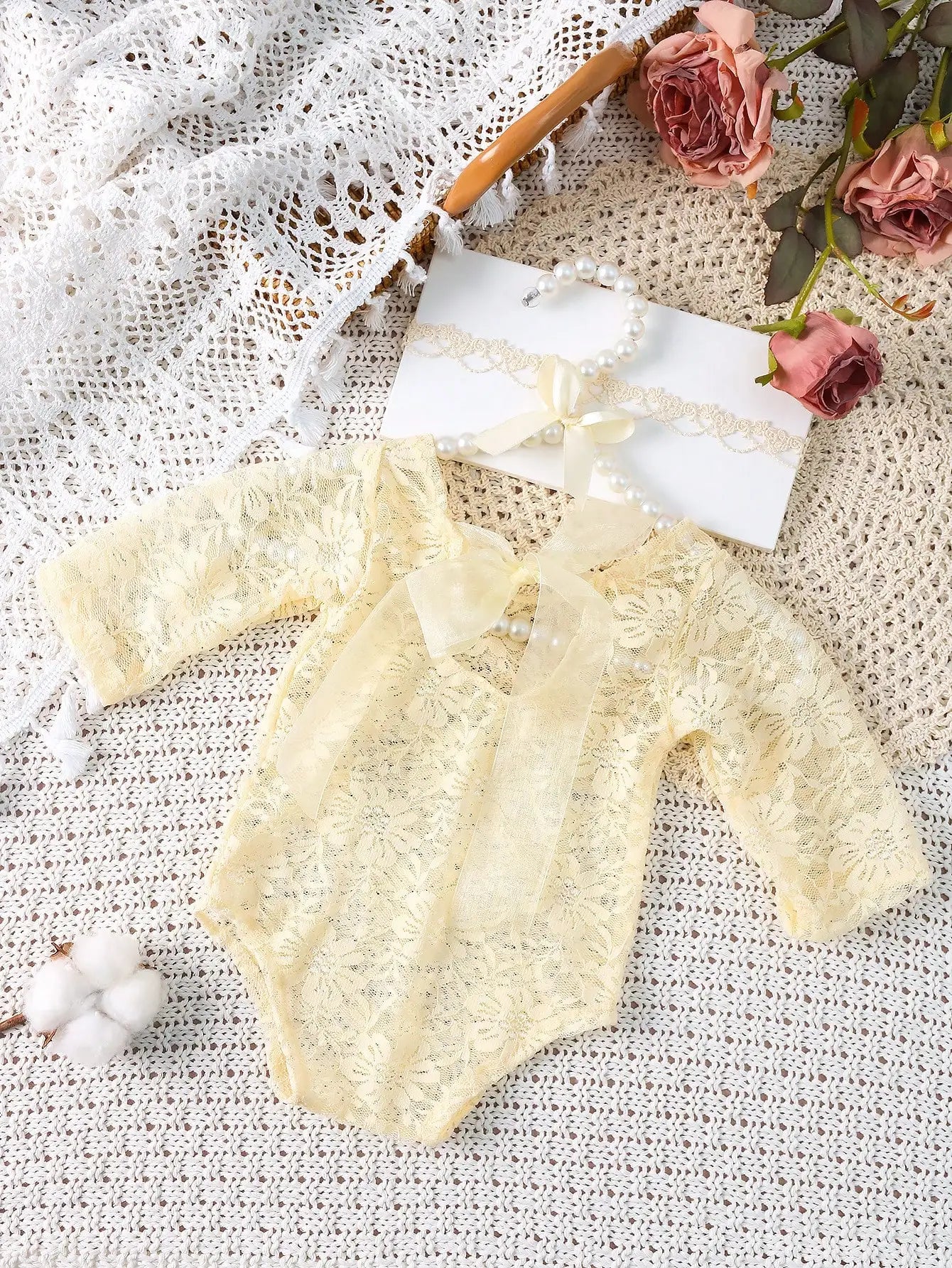 Ylsteed 2 Pieces Set Newborn Lace Romper Infant Photography Outfits with Matching Headband Baby Girl Photo Shooting Props