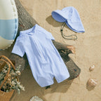 Maillot de Bain Bébé Anti-UV – Combinaison Rayée Manches Courtes & Chapeau