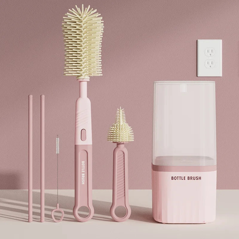 Silicone Baby Bottle Cup Brush Set with Storage Box Newborn Gift Milk Bottle Cleaning Brushes Suit Portable Detachable Cleaning
