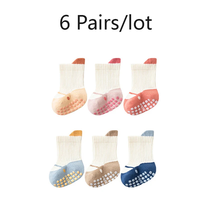 3/6 Pairs Baby Floor Socks with Grips Breathable Cotton Non-Slip Socks for Toddlers 0-5 Years