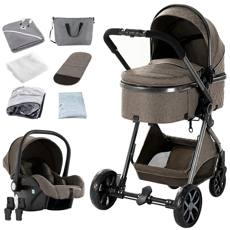 3 in 1 Baby Stroller Foldable Lightweight Pushchair High Landscape Reclining Seat Travel for Newborn Toddler Baby Carriage