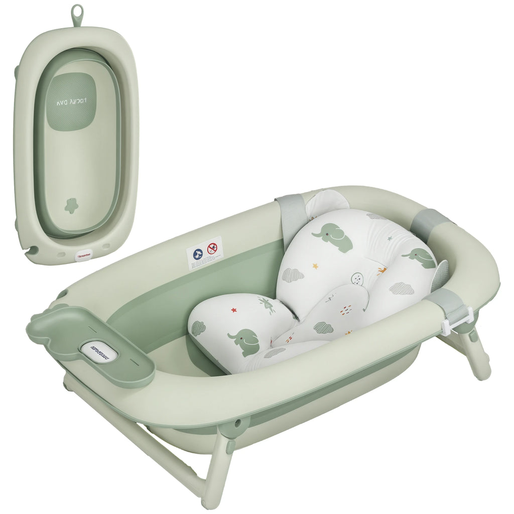 Aiyaplay Foldable Baby Bathtub with Bath Cushion Support with Button Drain Hole and Shower Shelf Hook Green