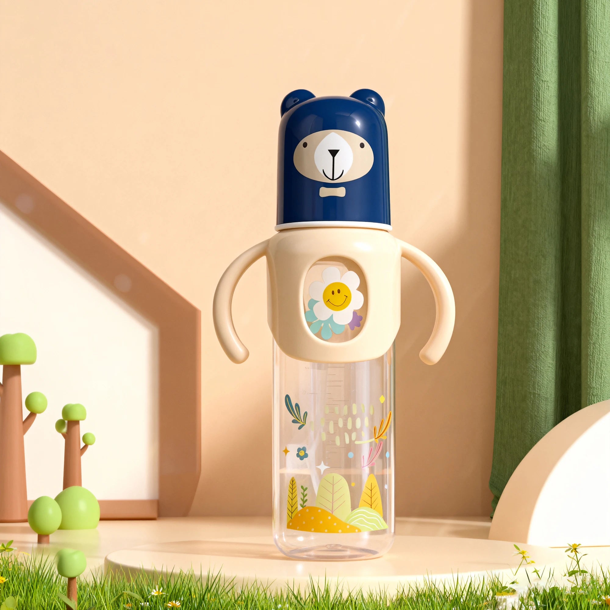 250ml  Baby bottle standard caliber silicone mouth baby cartoonwith handle newborn drinking water anti-fall pp bottle
