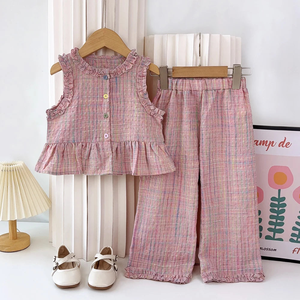 Ensemble Bébé Fille Été – Gilet Dentelle & Pantalon Large Bleu Blanc