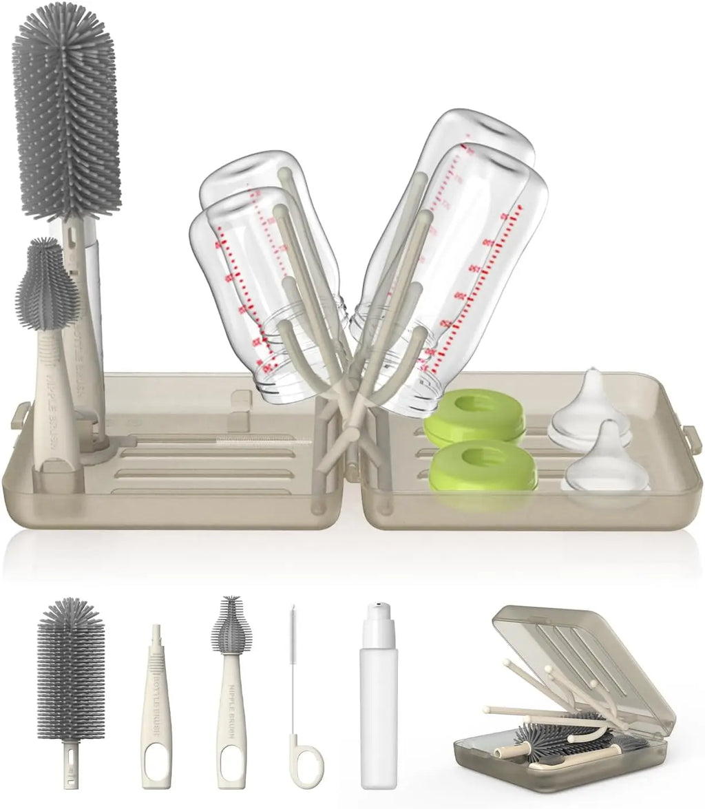 Travel Bottle Brush Set, Auto-Open Rack & Vertical Brushs Drying Slots, 3 Brushes, Foldable Drying Rack, Travel Baby Essentials