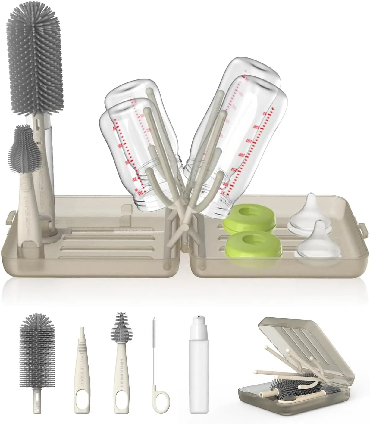 Travel Bottle Brush Set, Auto-Open Rack & Vertical Brushs Drying Slots, 3 Brushes, Foldable Drying Rack, Travel Baby Essentials