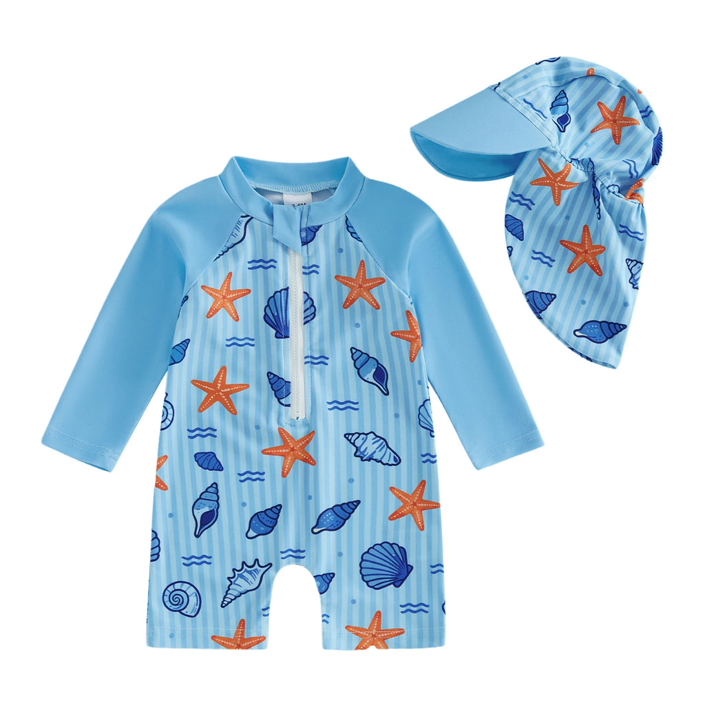 Maillot de Bain Bébé Garçon Anti-UV – Manches Longues avec Chapeau