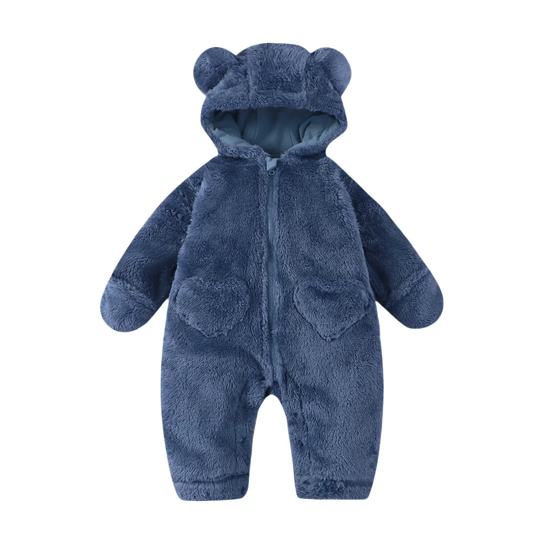 2025 Winter Newborn Baby Cartoon Bear Plush Onesie Hooded Ear Fluffy Romper Unisex 0-12M Thermal Infant Jumpsuit Warm Outfit