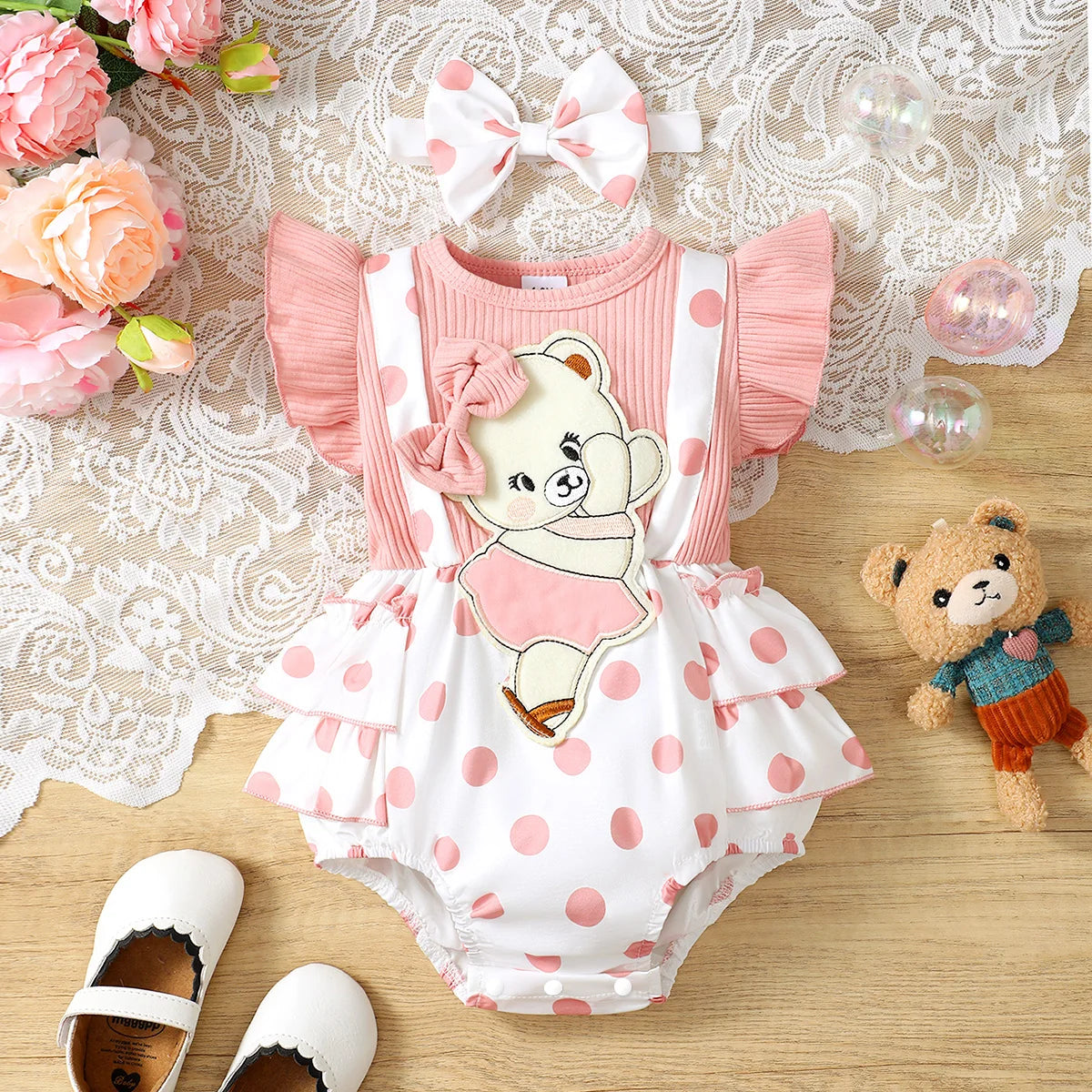 Robe Bébé Fille – Pois & Broderie Ours