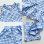 Ensemble Bébé Fille Été – Gilet Dentelle & Pantalon Large Bleu Blanc