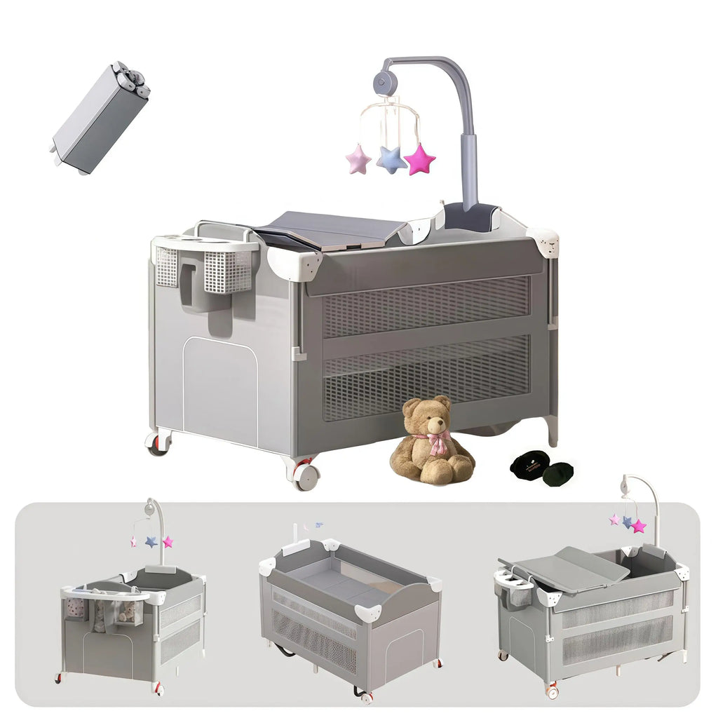 5-in-1 Baby Playpen Crib Bedside Sleeper with Diaper Table and Activity Center Foldable Multifunctional Infant Bed Winter Baby