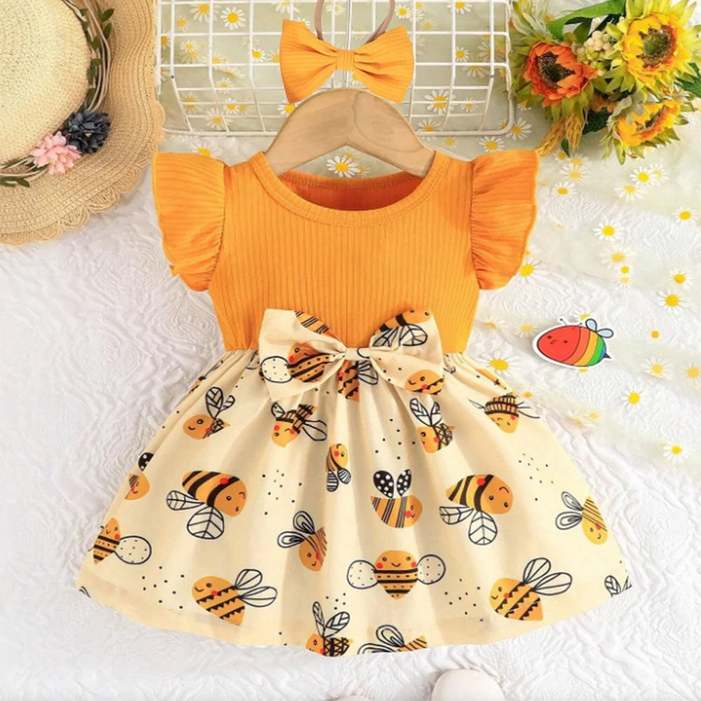 Robe Bébé Fille Jaune – Motif Abeille & Bandeau Assorti