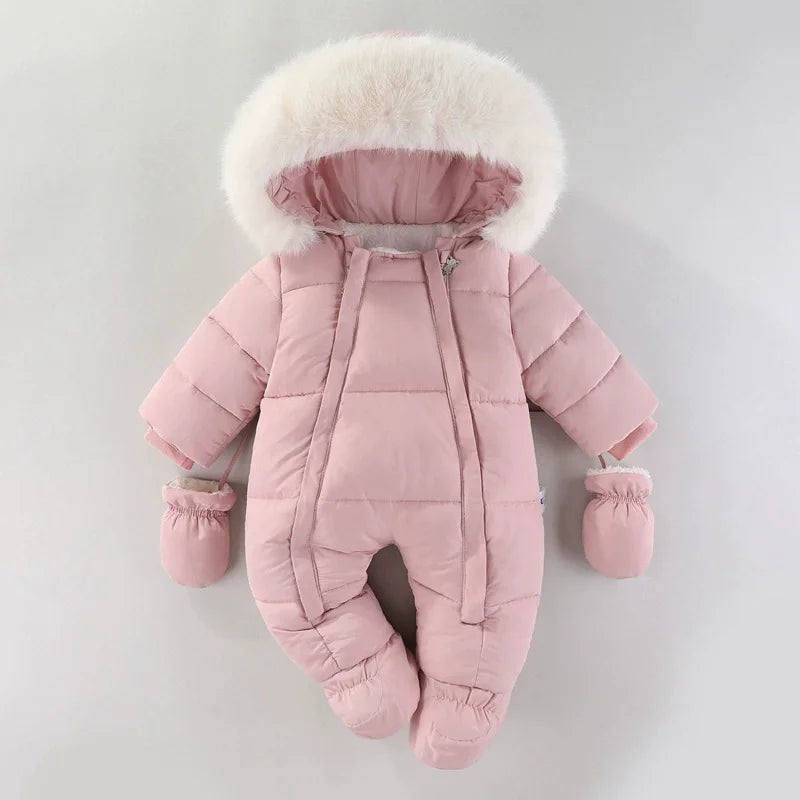 2025 New Winter Baby Rompers Thick Warm Infant Hooded Inside Fleece Jumpsuit Newborn Boy Girl Overalls Toddler Clothing Set