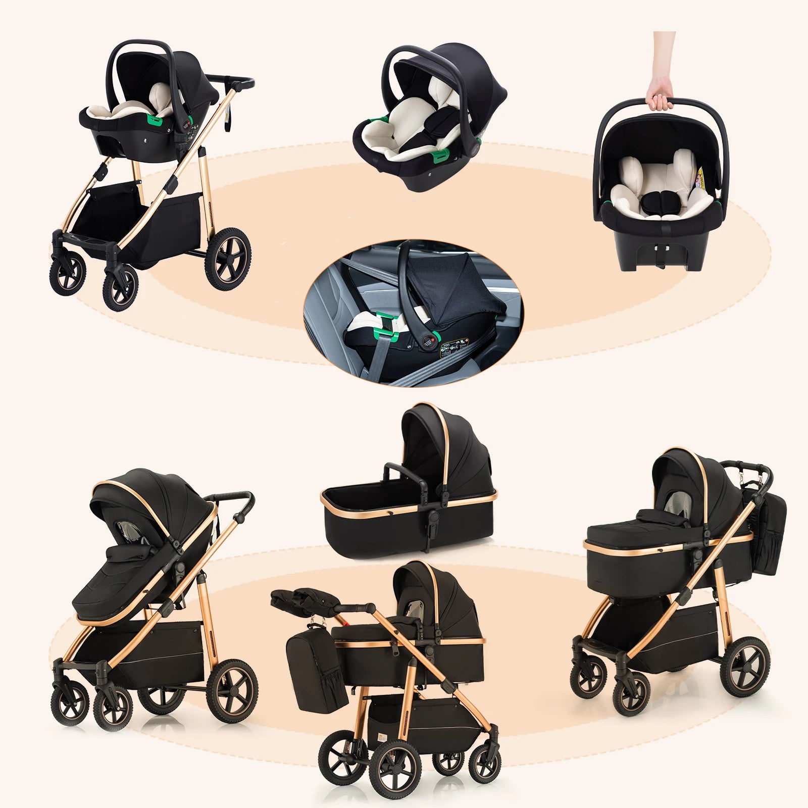 Baby Stroller 3 in 1 Lightweight for Newborn Mother Kids Portable Folding Carriage Luxurious Pushchair Car Seat Travel Pram