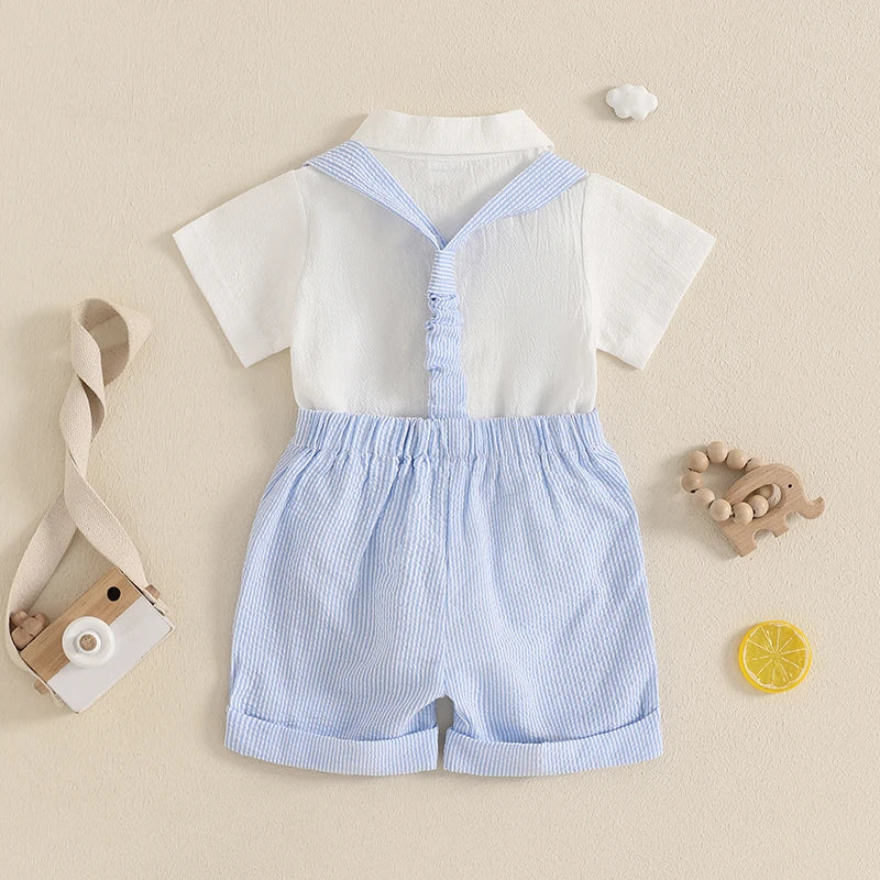 Ensemble Gentleman Bébé Garçon – Barboteuse, Short à Bretelles & Nœud Papillon