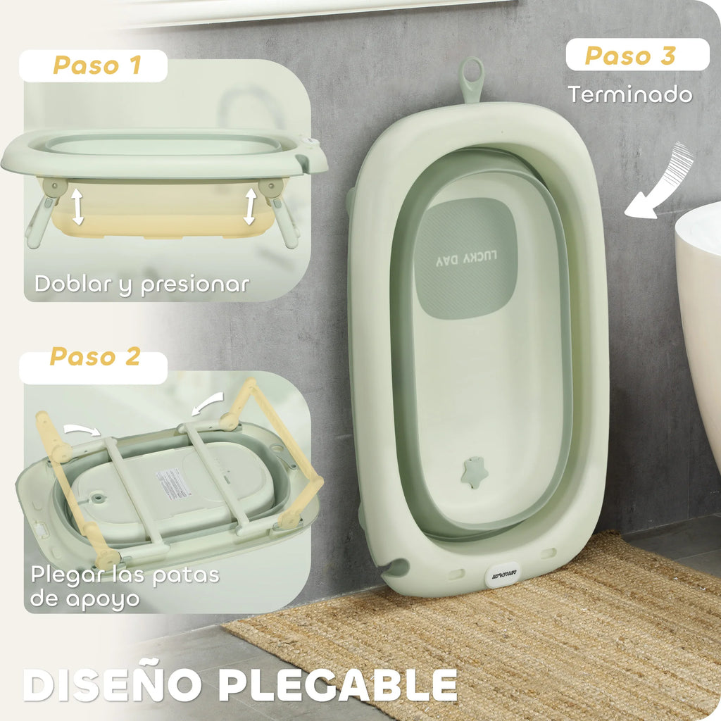 Aiyaplay Foldable Baby Bathtub with Bath Cushion Support with Button Drain Hole and Shower Shelf Hook Green