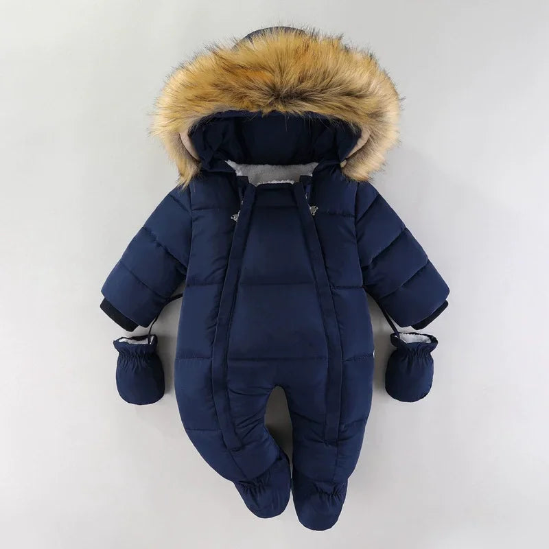 2025 New Winter Baby Rompers Thick Warm Infant Hooded Inside Fleece Jumpsuit Newborn Boy Girl Overalls Toddler Clothing Set