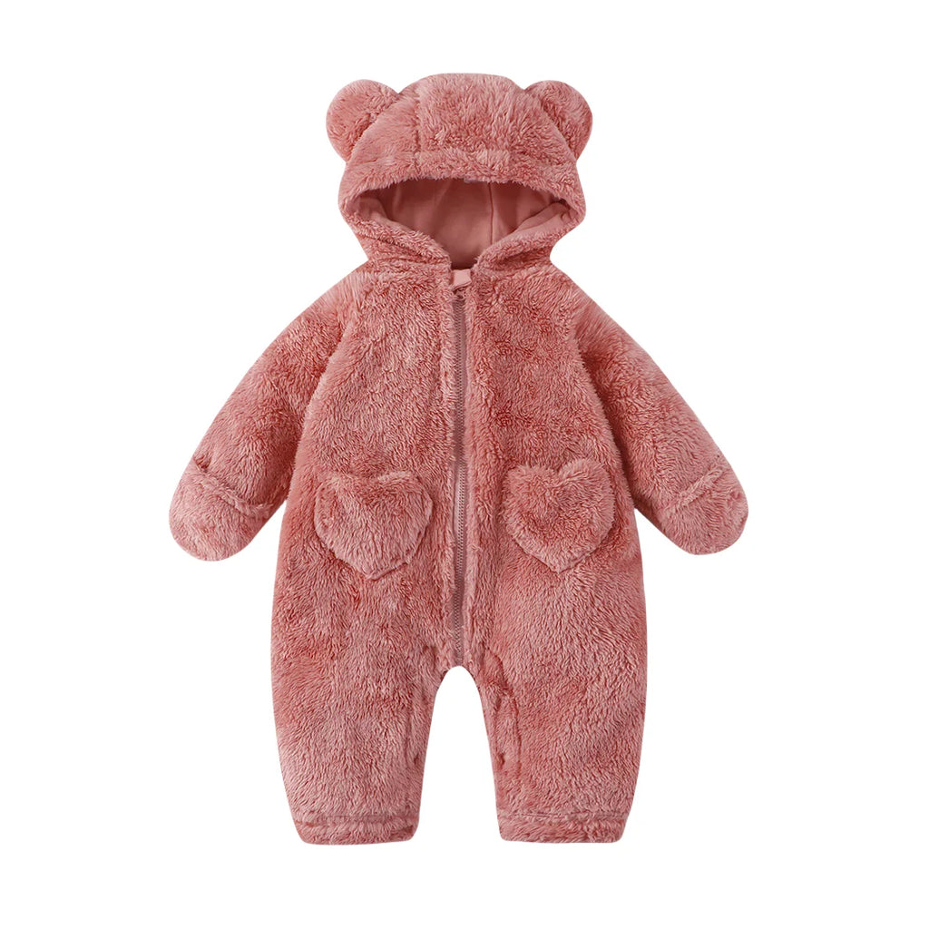 2025 Winter Newborn Baby Cartoon Bear Plush Onesie Hooded Ear Fluffy Romper Unisex 0-12M Thermal Infant Jumpsuit Warm Outfit