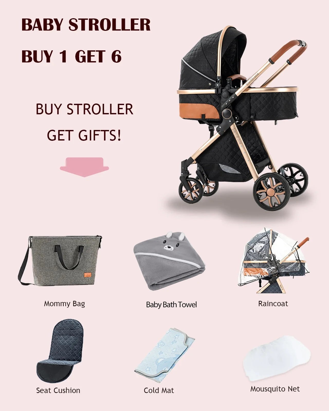 3 in 1 Baby Stroller Foldable Lightweight Pushchair High Landscape Reclining Seat Travel for Newborn Toddler Baby Carriage