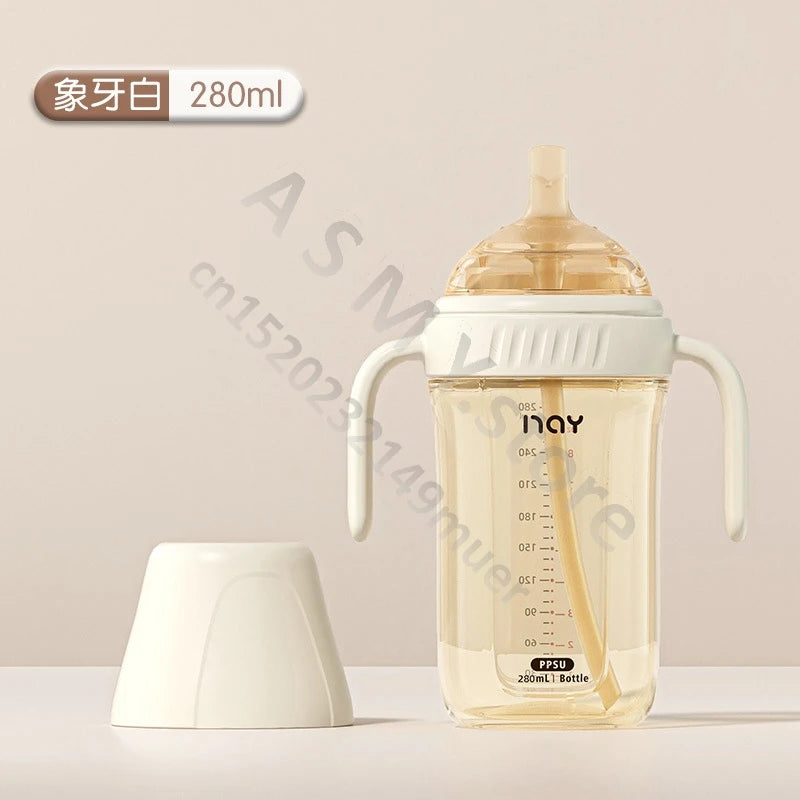 PPSU baby bottle, wide caliber, anti bloating and anti choking, baby learning drink cup, children's milk straw cup