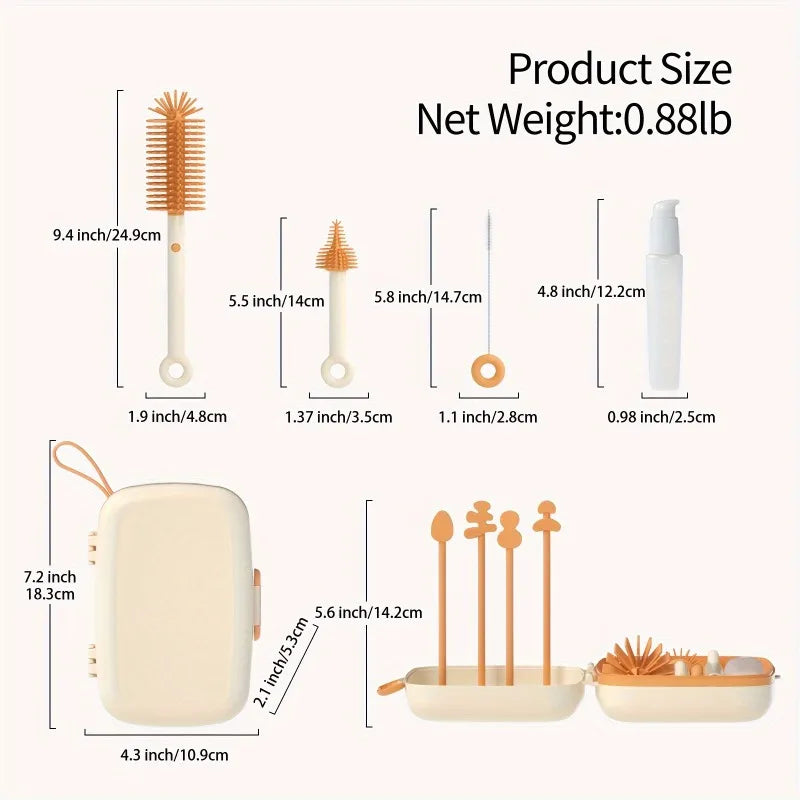 Silicone Bottle Brush Pacifier Brush with Storage Box Draining Rack Straw Brush for Baby Bottles Home Travel Cleaning Kit Safe