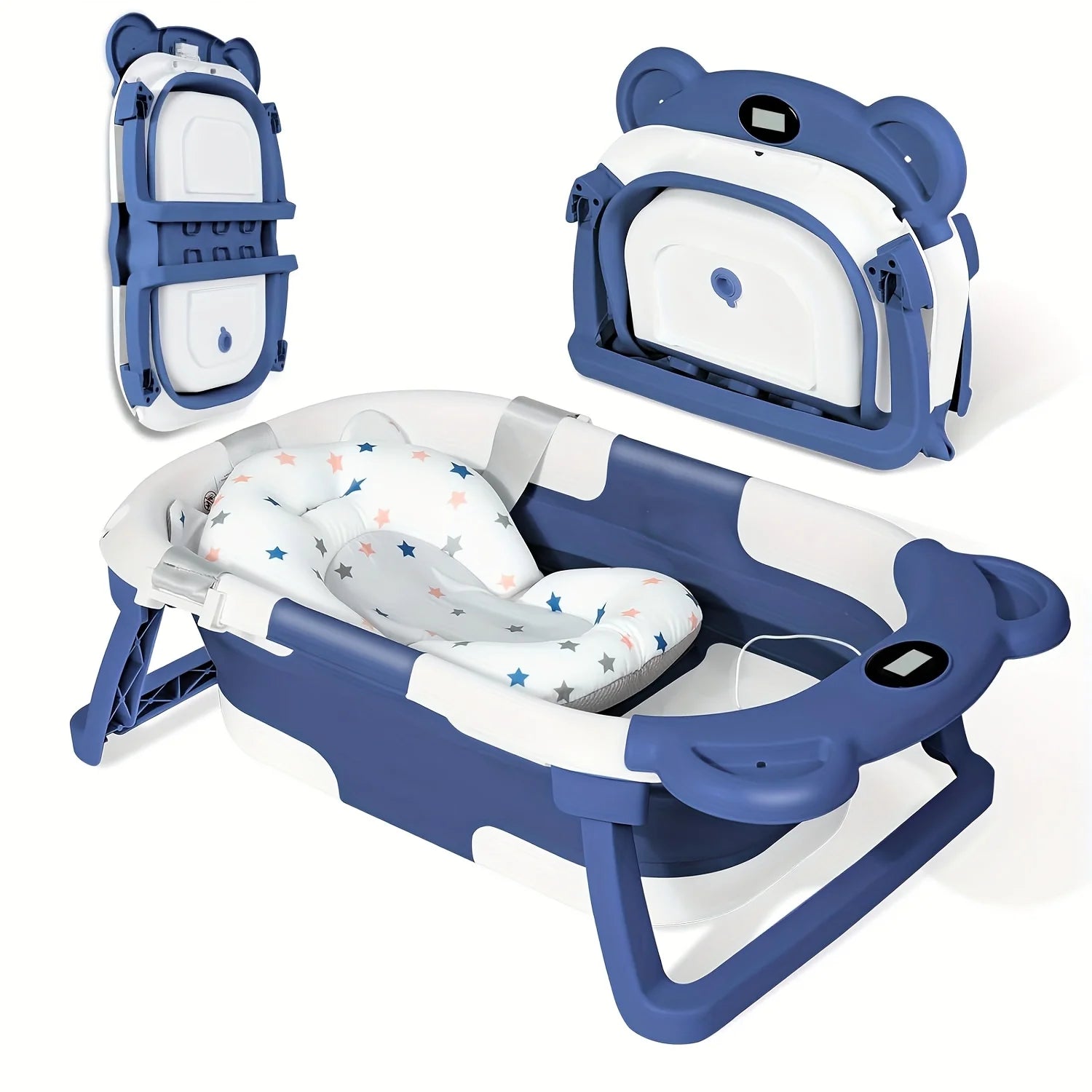 Anti-Slip Foldable Baby Bath Tub – with Thermometer, Bath Cushion, Easy Storage, 0-36 Months, Blue, Pink