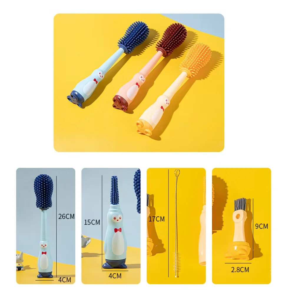 4 In 1 Set Baby Bottle Brush Multi-Fuction Cleaner Silicone Straw Pacifier Milk Bottle Cup 360 Degree Penguin Silicone Brush