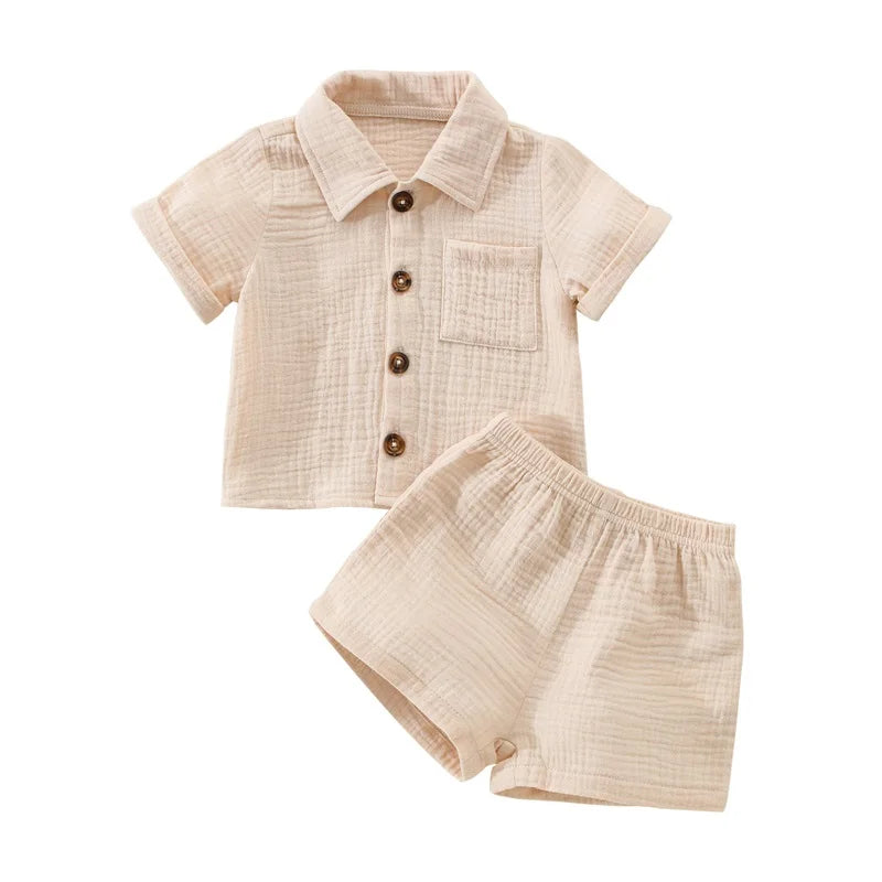 Ensemble Bébé Garçon Été – Chemise Col Revers & Short en Coton Lin